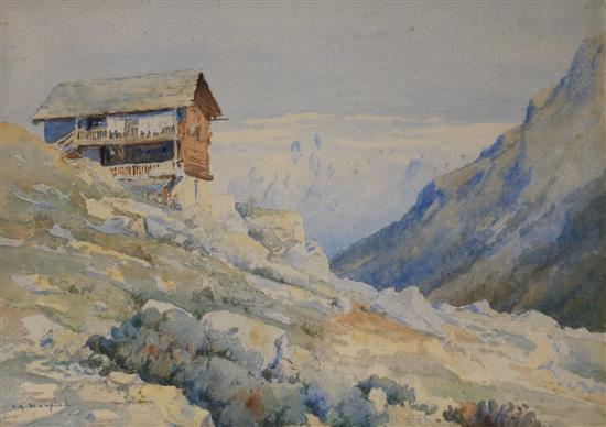 Clifford George Blampied (1875-) watercolour, Alpine Hut, signed 28 x 38cm unframed